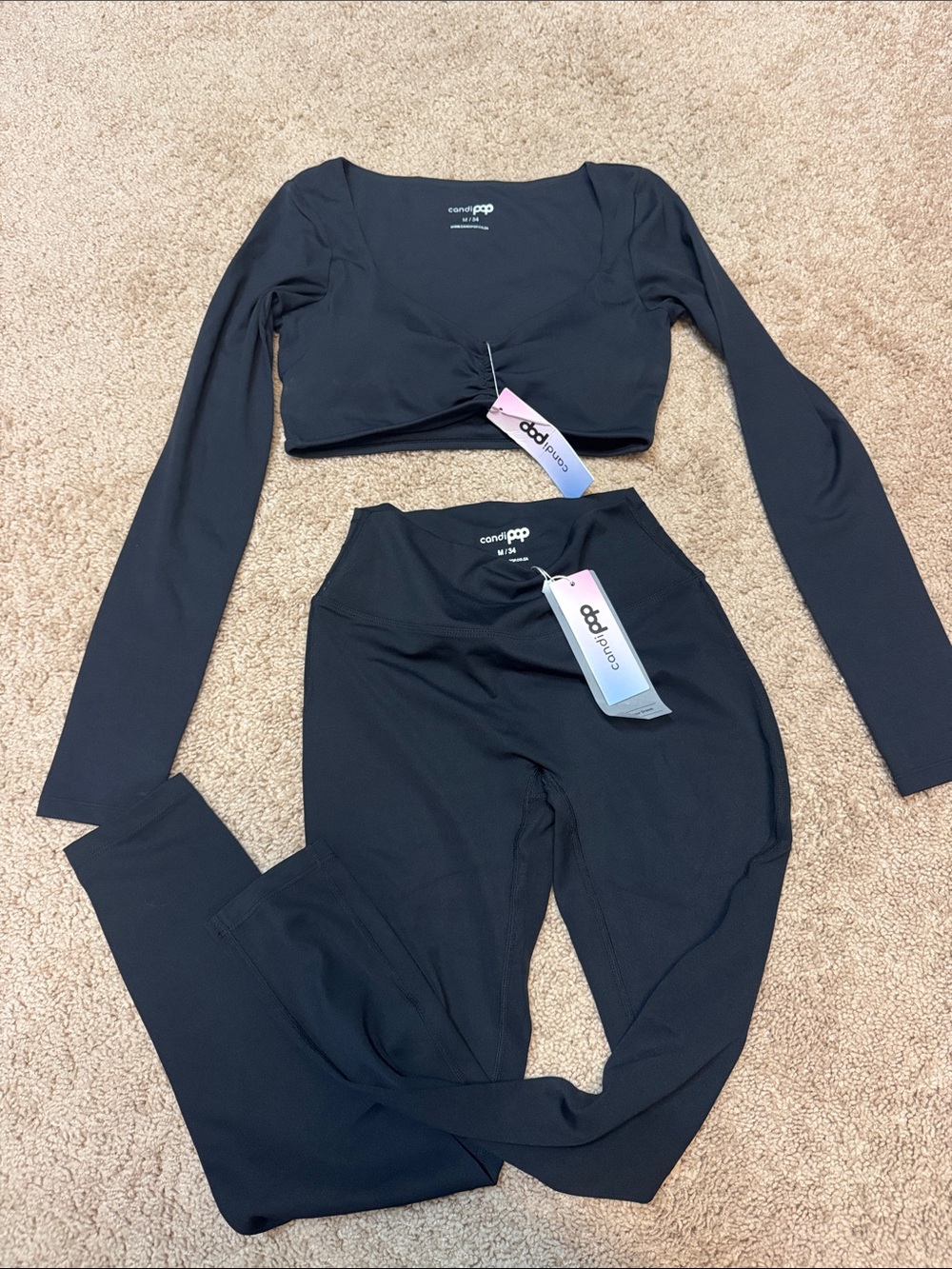 Candi Pop Black Long Sleeve Crop Top + High Waist Leggings Set